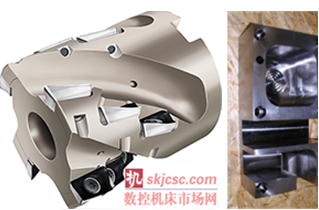 圖2：瓦爾特的玉米銑刀F2338-100080最大切深可達50mm，最大切寬達76mm，由此產生的金屬去除率最大可達340cm3/min，加工效率提升顯著。